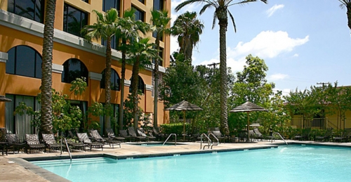 Crowne Plaza Anaheim exterior at night